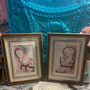 Vintage wood framed prints - Victorian style chairs- doll - cat - set of 2