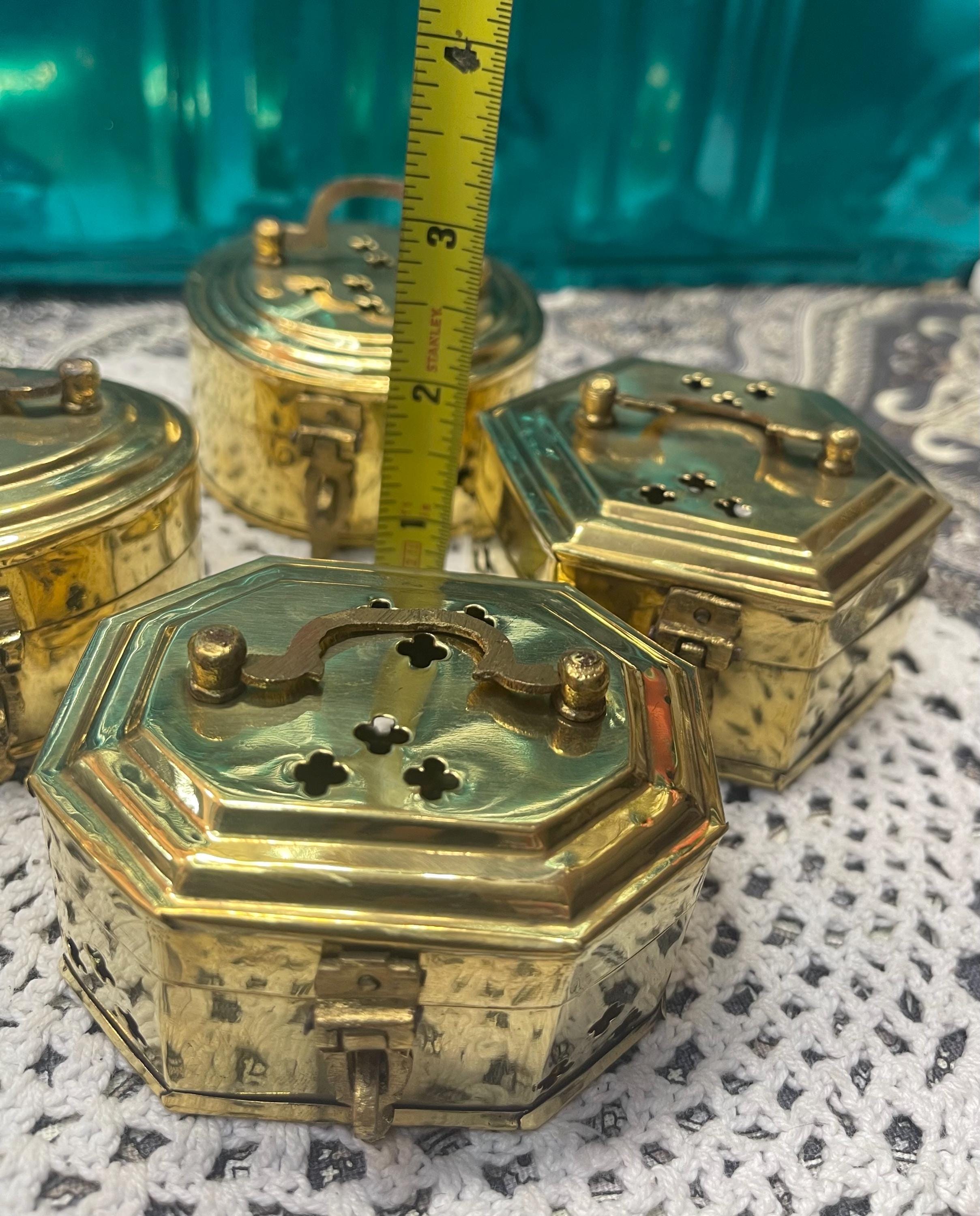 Vintage Set of 4 Small Hinged Lid Perforated Brass Box - Trinket