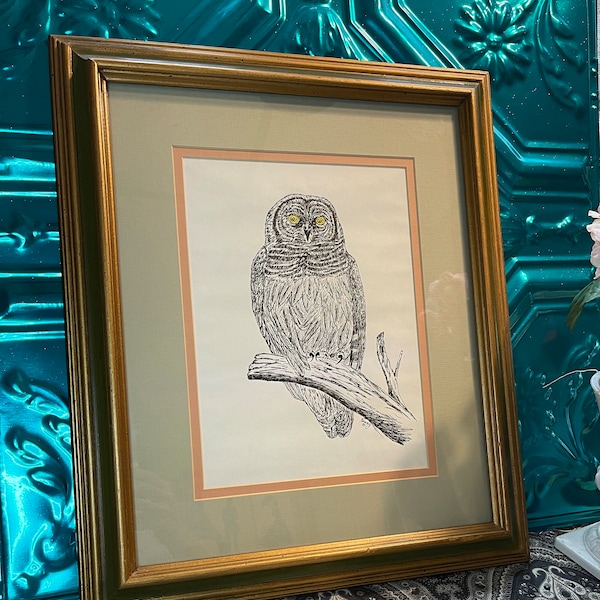 Vintage framed matted owl drawing or print of drawing - gilded wood frame