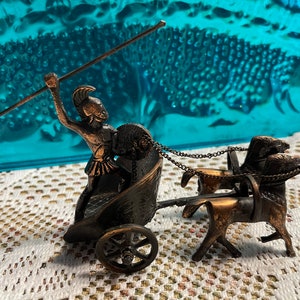 Vintage bronze or bronze colored metal chariot with horses Achilles - Achilleus  made in Greece
