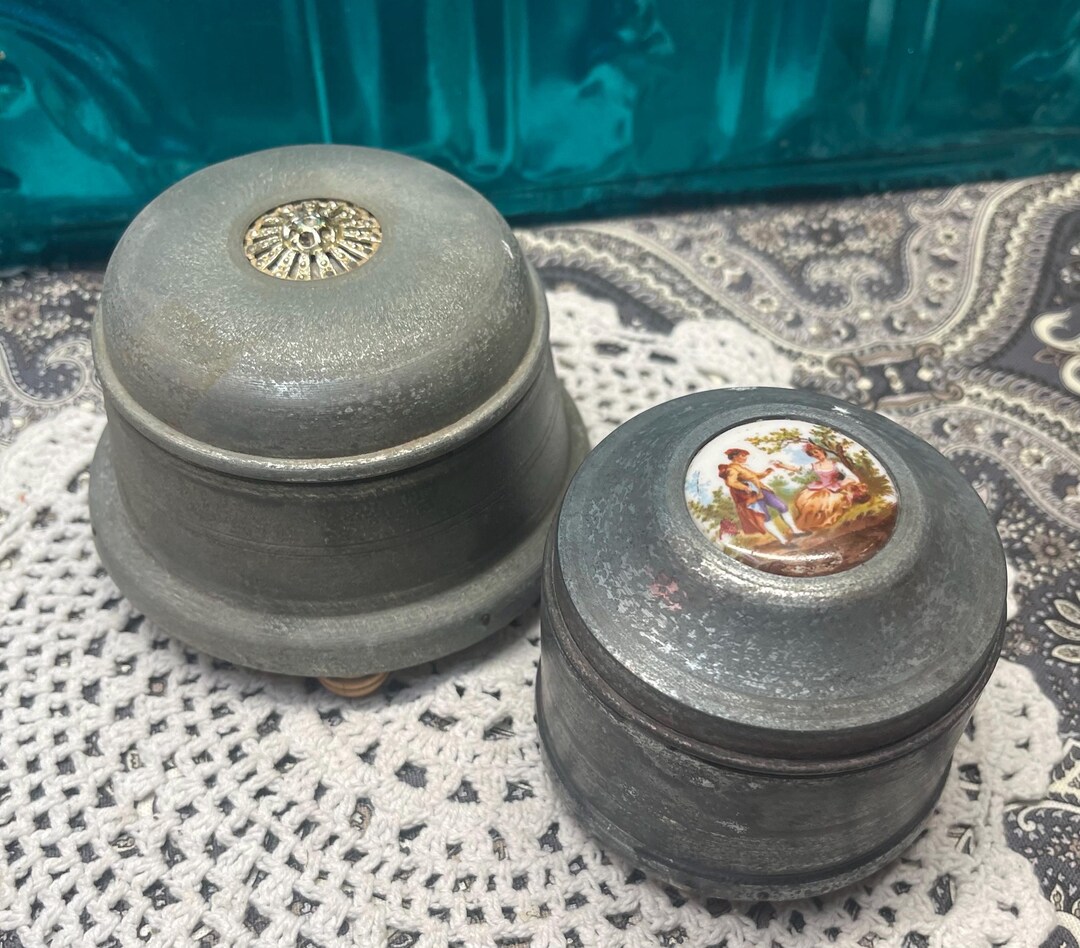 Antique Set of 2 Victorian Style Musical Tin Metal Powder Boxes - One ...