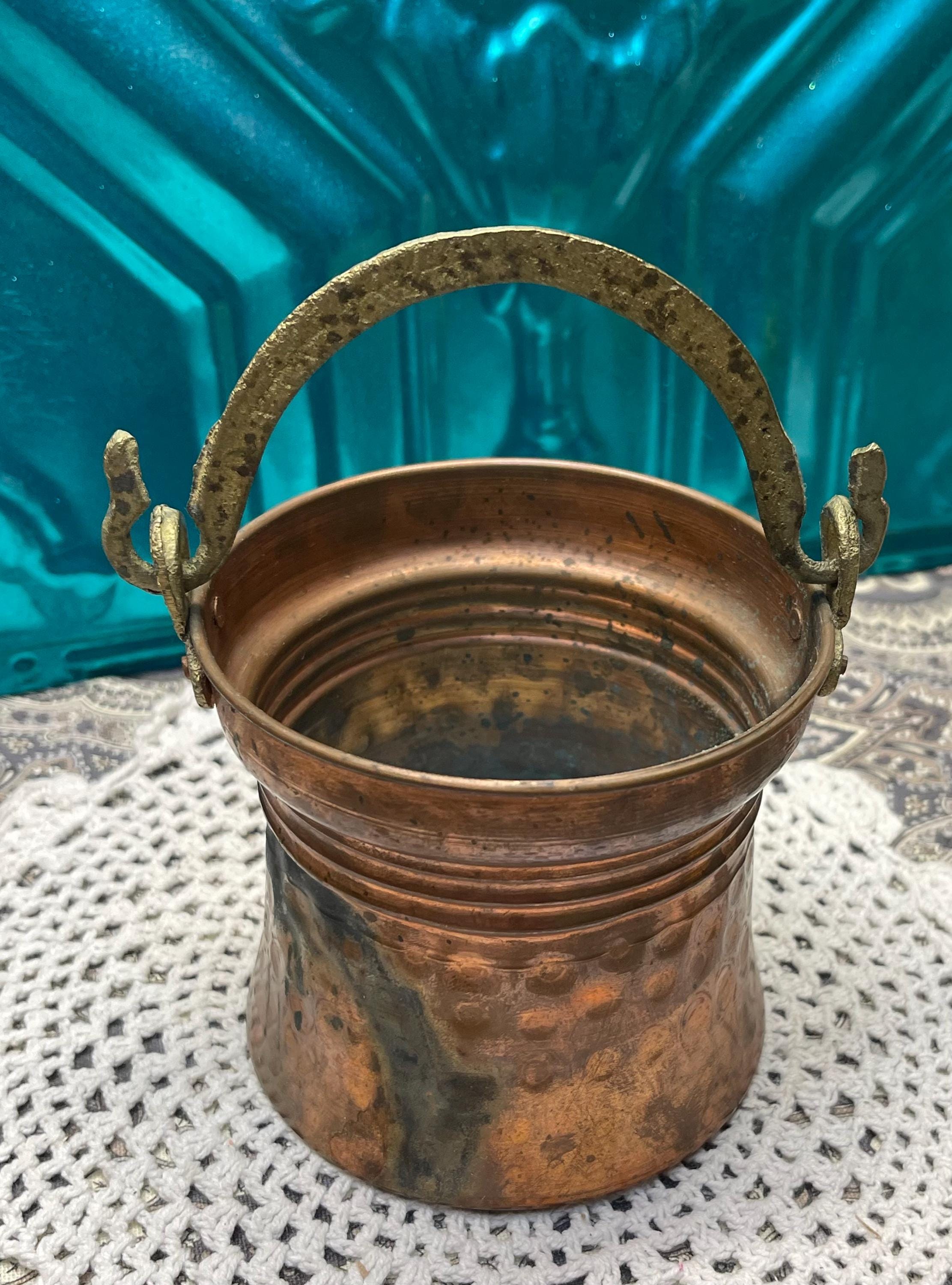 Vintage Small Hammered Copper Pot With Brass Stylized Snake Handle