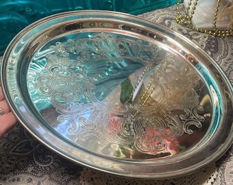 Vintage etched design silver plated serving tray- candle tray- 14 inches diameter