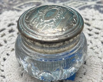 Antique small- miniature glass container- vanity jar with silver or silver tone lid