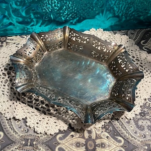 Vintage ornate silver plated or silver tone filigree basket - tray- dish  - heavy patina