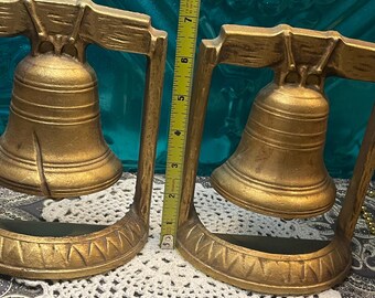 Vintage Gold Tone Cast Metal Liberty Bell Bookends- Non Functional