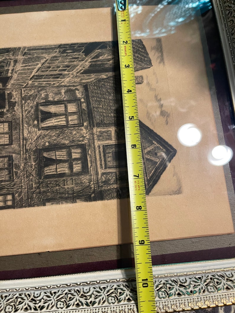 Antique- Vintage signed numbered print-etching in filigree metal frame - aged bild 2