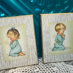 Vintage small boy and girl praying wall plaques - set of 2