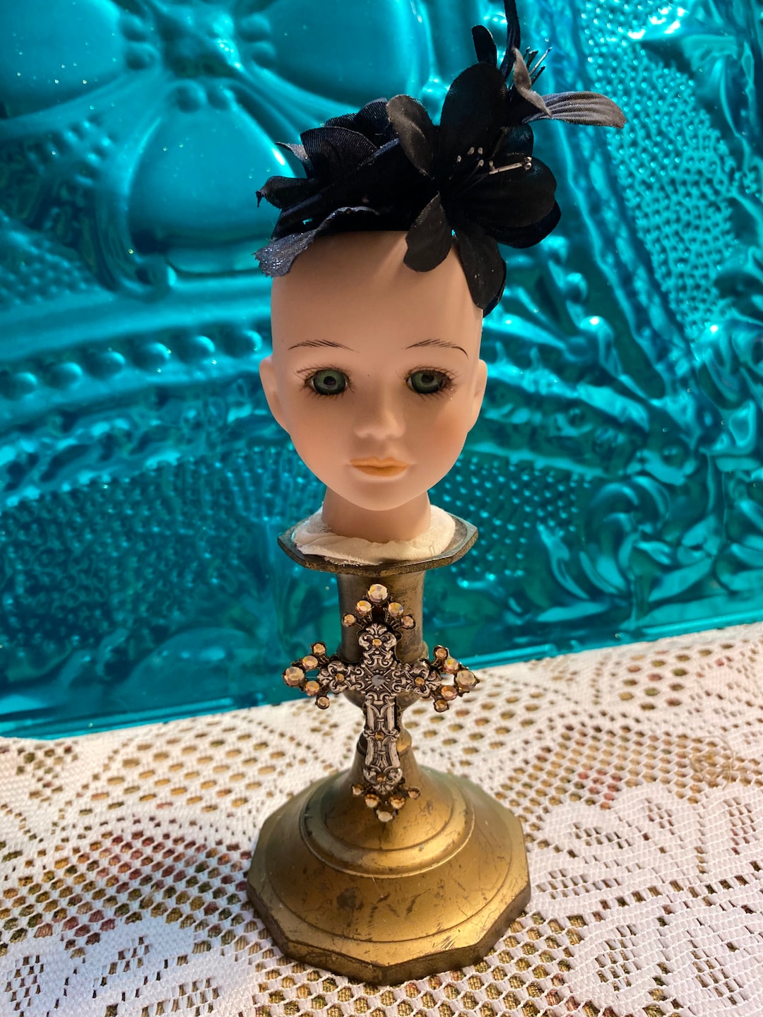 Doll Head Art Ceramic Doll Head on Vintage Brass Candlestick With Black