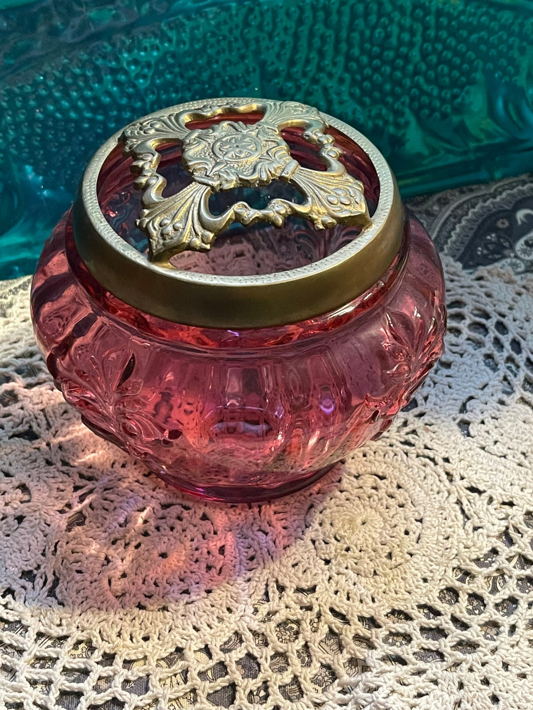 Vintage Colored Glass Potpourri Jar With Brass Lid Chipping at Rim Under Lid Etsy