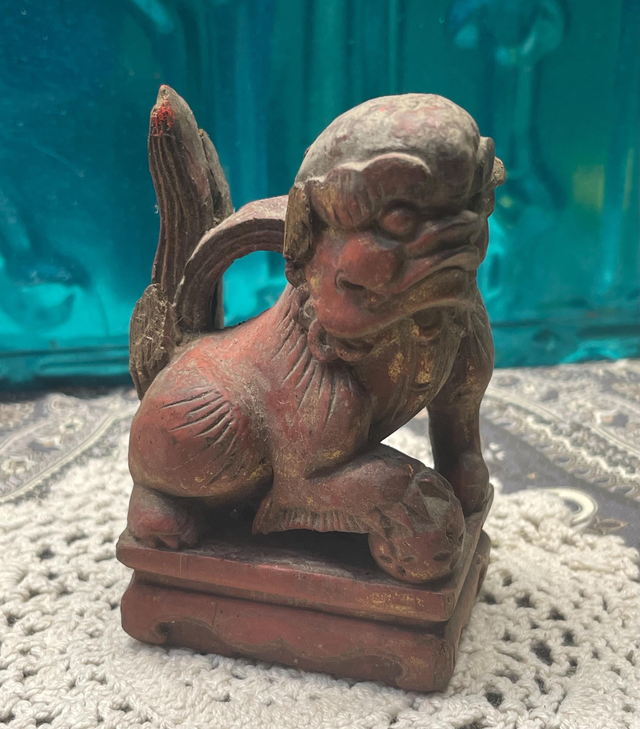 【送料込み】アンティーク　フードッグ　Foo Dogs 希少アンティーク Antique Chinese Foo Dog Wood Statue Bookends Pair. Sculpted