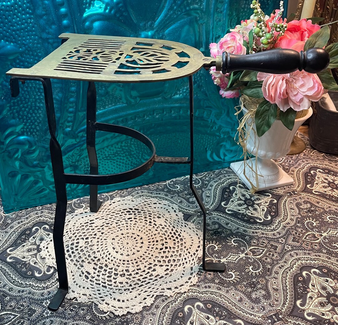 Vintage Brass and Iron Kettle Stand Fireplace Trivet Etsy