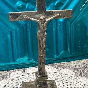 Antique or vintage silver tone standing metal crucifix - altar crucifix- aged