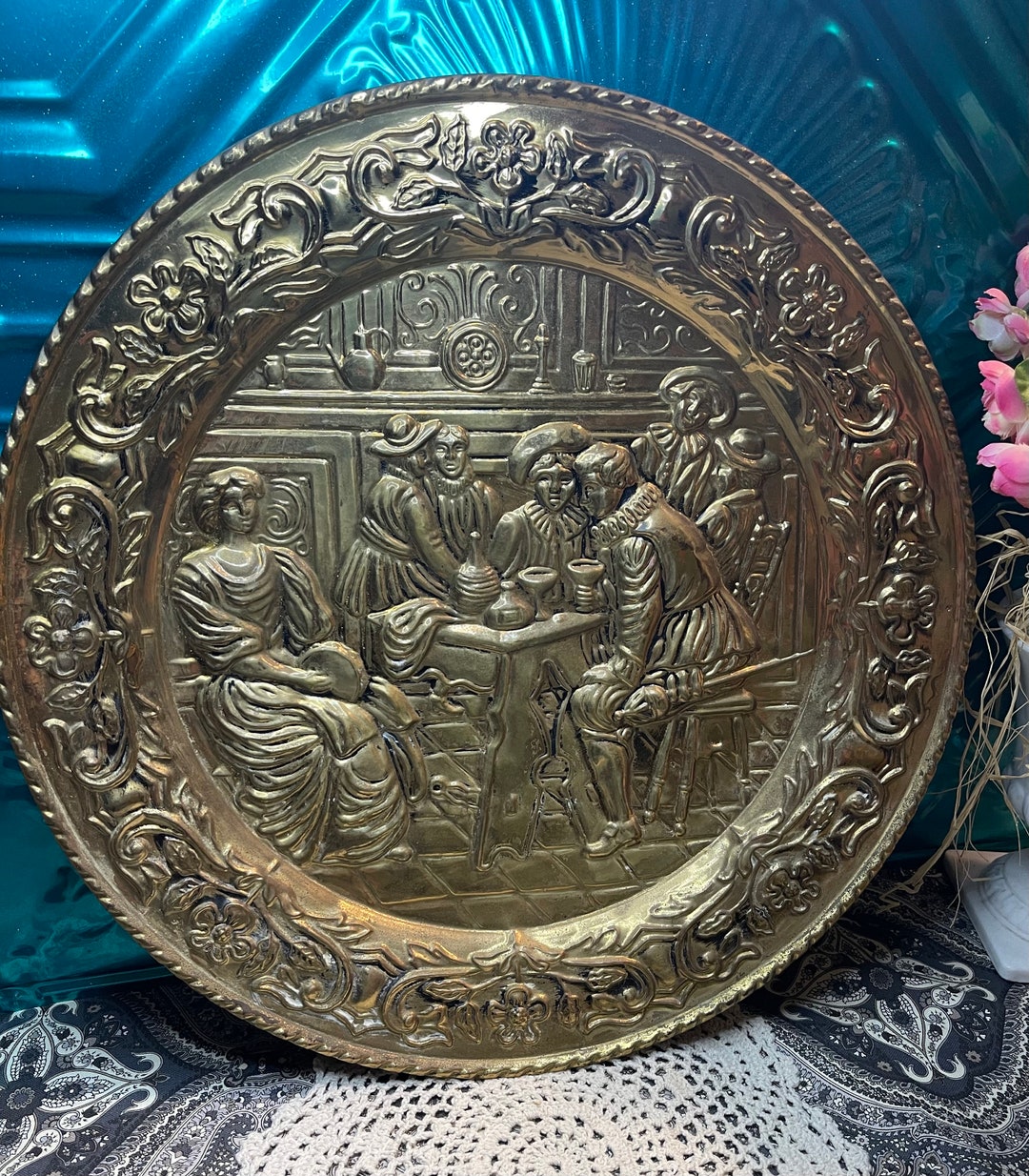 Vintage Large English Embossed Brass Wall Plate English Pub Scene Etsy