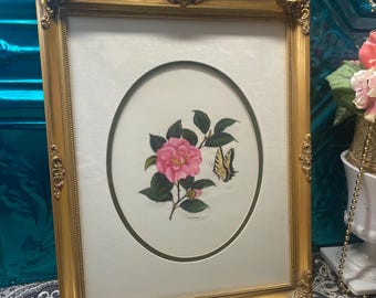 Vintage ornate wood framed matted flower and butterfly painting on unique background