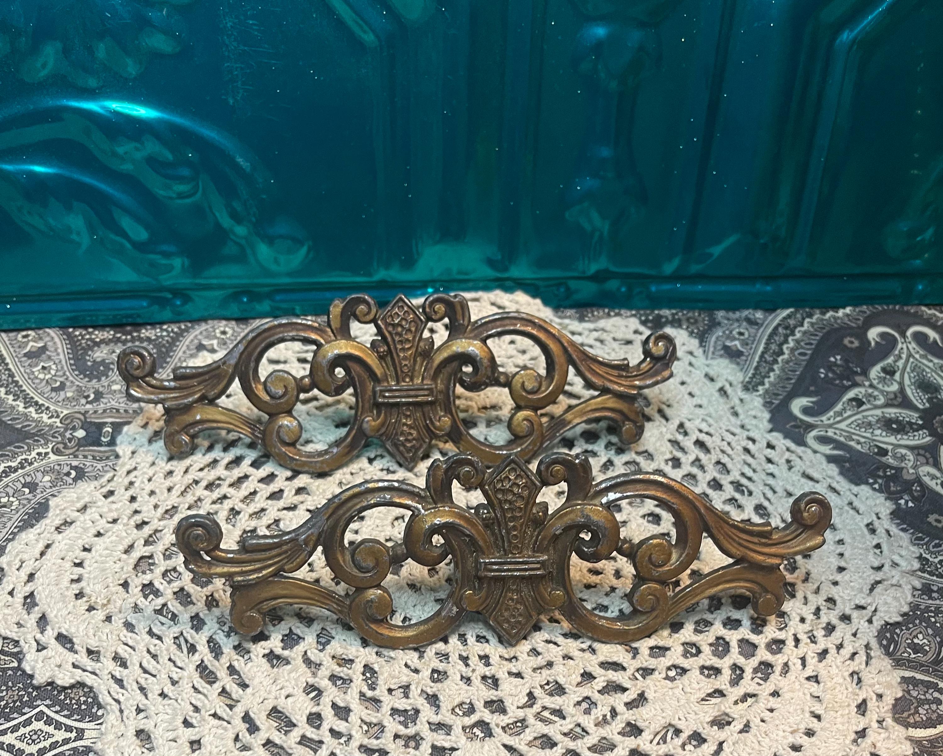 Antique fleur de lis ornate metal art deco swing arm curtain rods toppers with clamp- set of 2- aged- repainting project