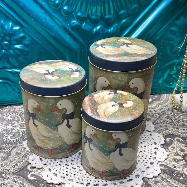 Vintage set of 3 lightweight nesting metal containers with geese