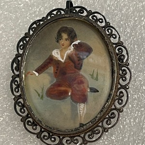 Antique filigree pendant brooch with painting under glass