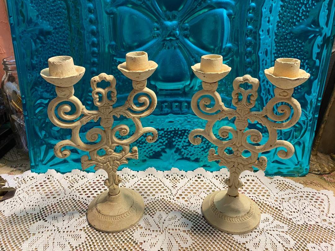 Vintage Heavy Ornate Cast Iron Candle Holders Candelabra Set of 2 Etsy
