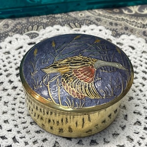 Vintage small brass box with enameled lid - flying duck design