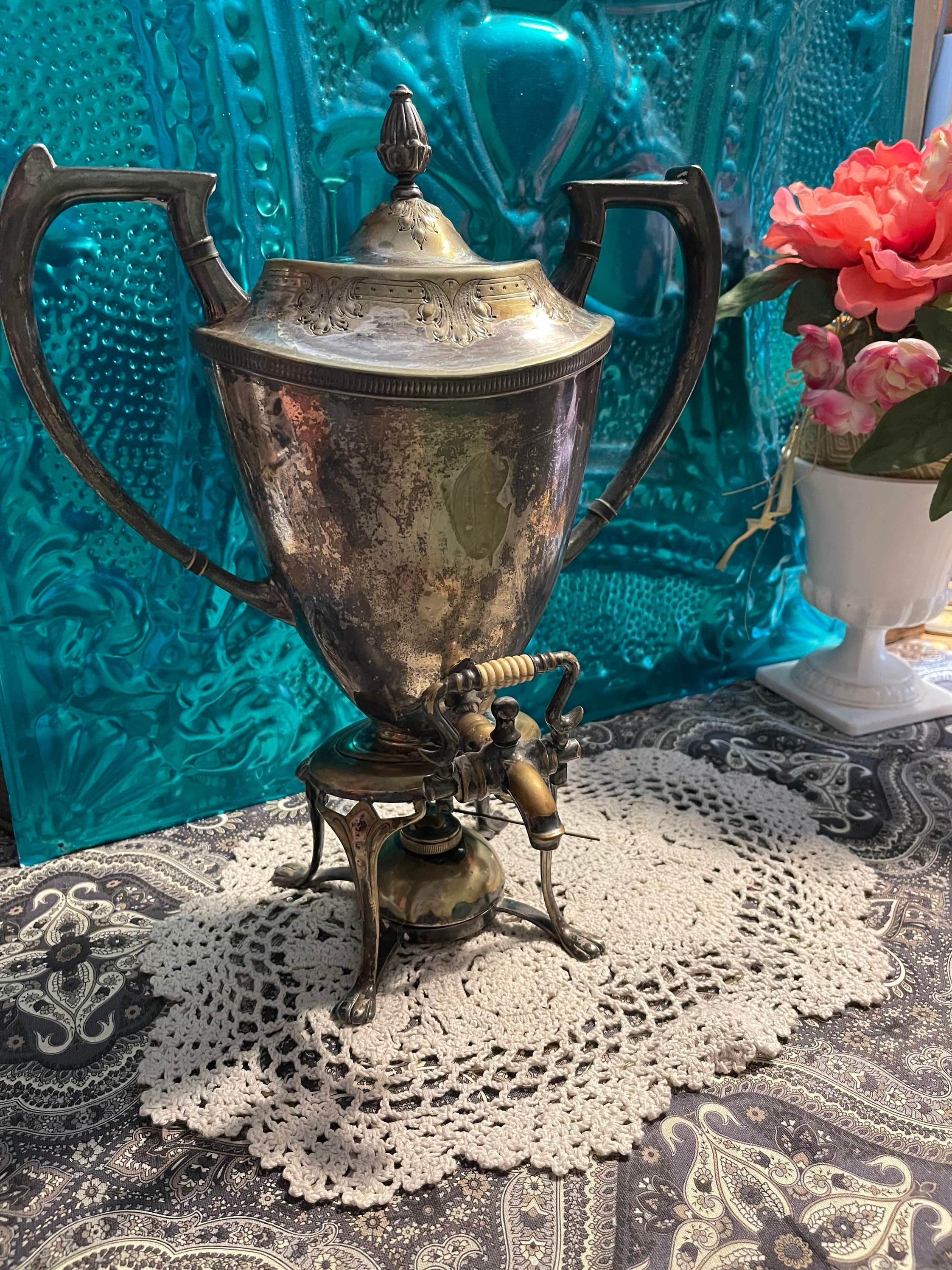 Antique or Vintage Ornate Silver and Gold Tone Hot Water Tea Urn With  Burner Engraved Details Victorian Style Aged 