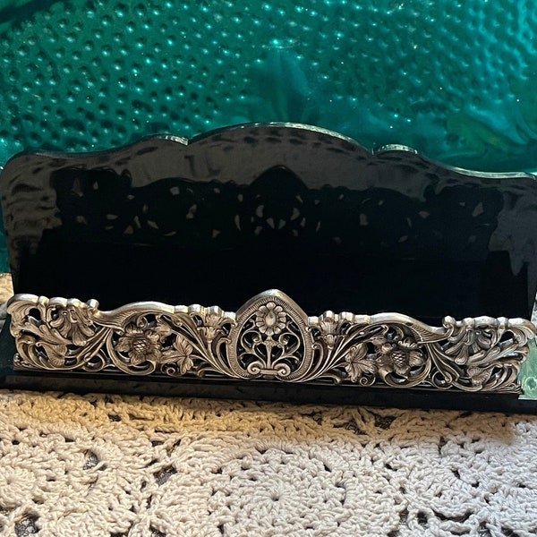 Vintage black letter or napkin holder with EP silver plated ornate details- Victorian style