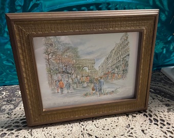 Vintage Paris print in aged frame with faux wicker details
