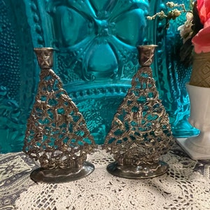 Vintage silver plated filigree Christmas tree candlestick holders - set of 2