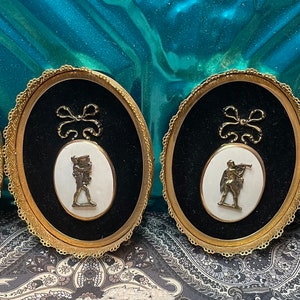 Vintage filigree gold metal wall plaques with velvet and ceramic cameos- set of 4