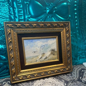 Vintage ornate gilded framed original landscape - beach - seagulls painting - no glass- some wear