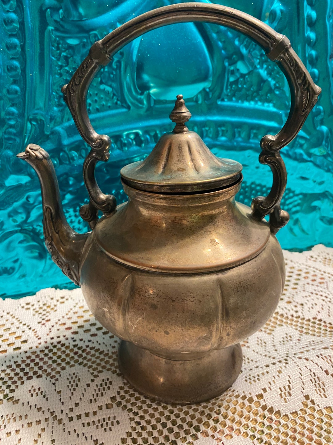 Vintage Ornate Silver on Copper Teapot With Bird Spout Victorian Style