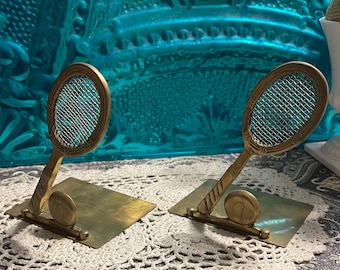 Vintage brass tennis themed foldable bookends - aged