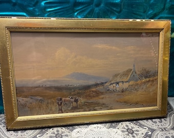 Antique or Vintage landscape- farm- herd painting under glass in clearly damaged wood frame