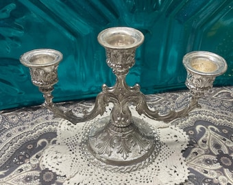 Vintage small ornate cast metal silver plated candelabra- aged - slight imperfections