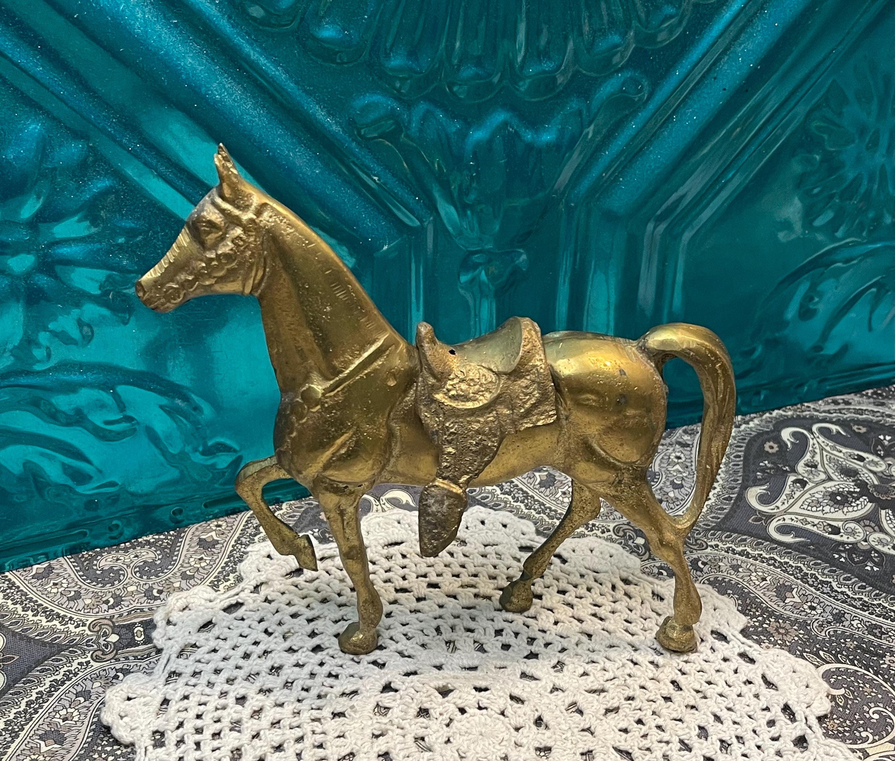 Vintage Heavy Brass Horse With Removable Saddle - Aged