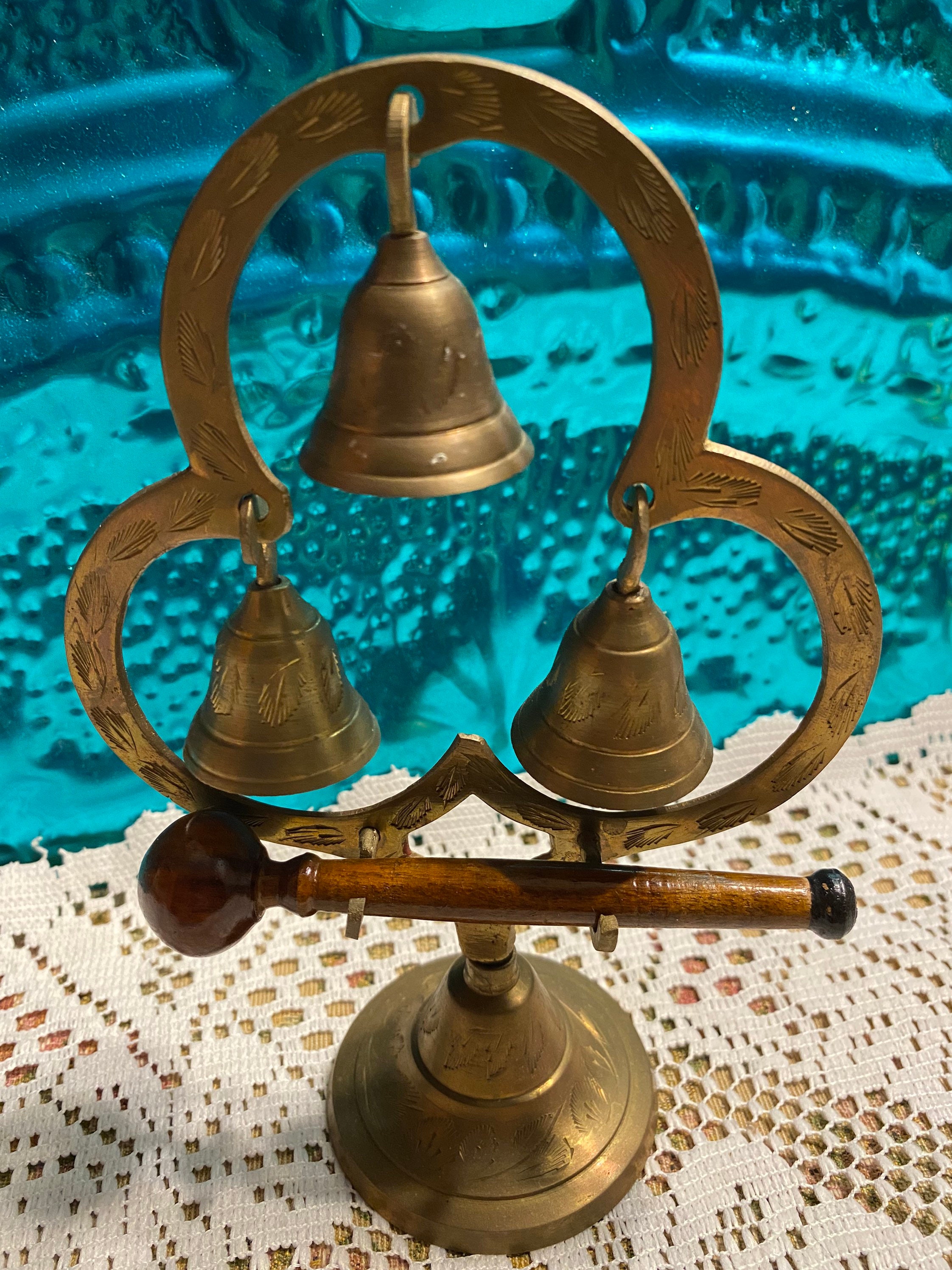 Vintage brass bell gong with wood mallet edged details Etsy