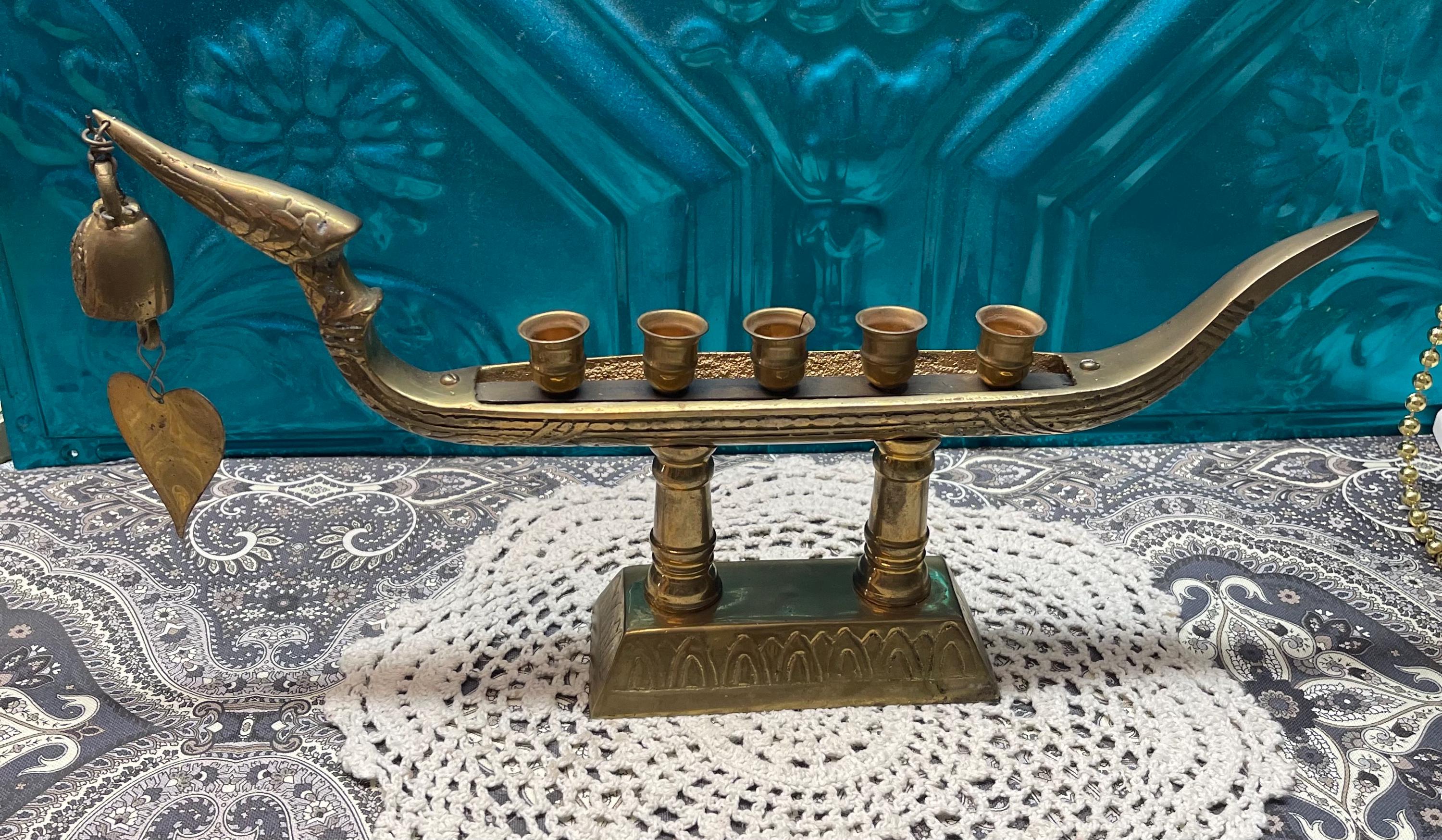 古銅燭台一対箱付き [B28527] Vintage Brass Dragon Boat - Suphannahong Barge Candelabra - Candle