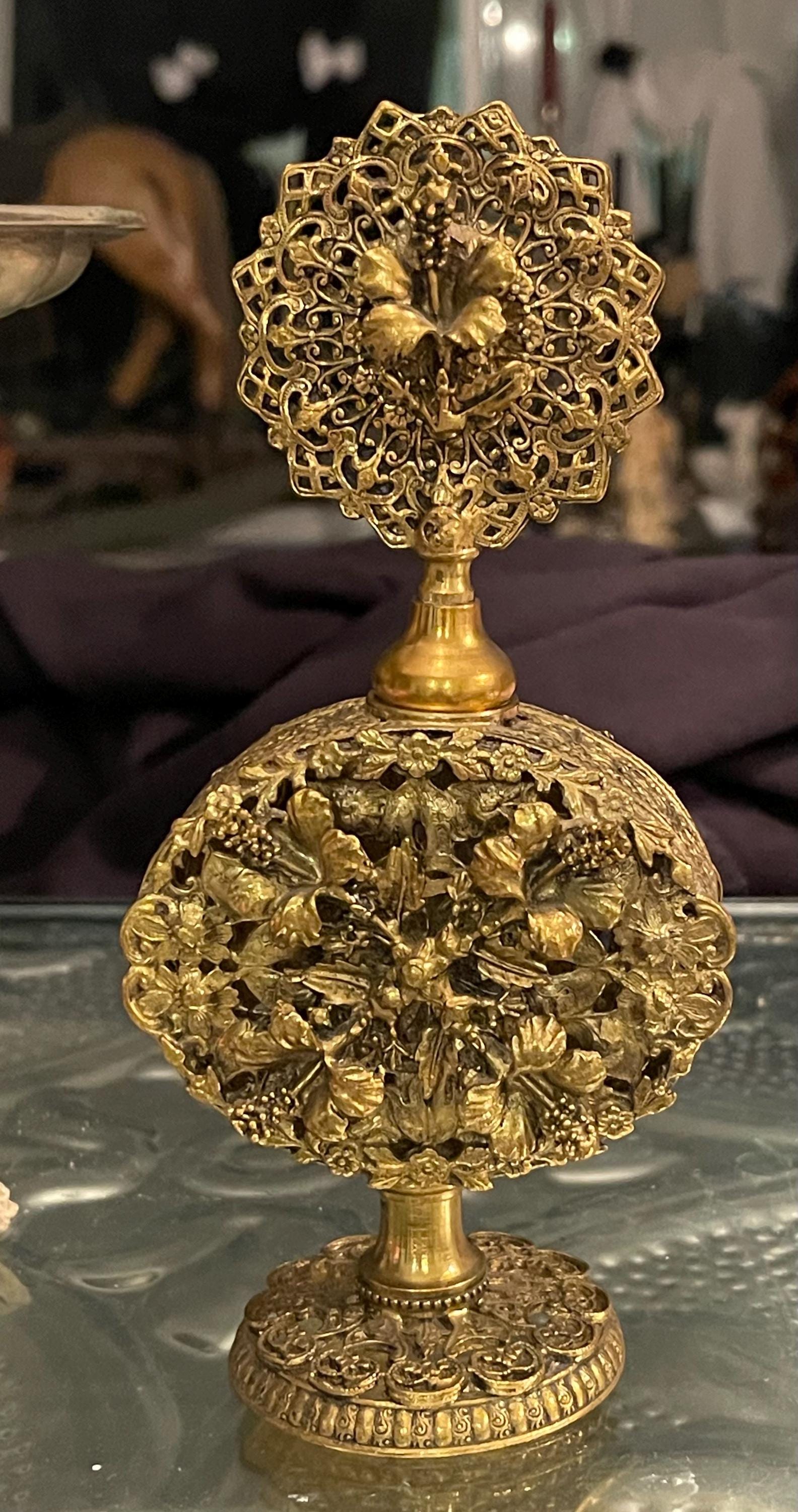 Vintage Ornate Filigree Ormolu Perfume Bottle - Floral Details