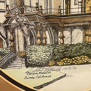 May include: A black and white drawing of the Carson Mansion in Eureka, California. The drawing is signed "Alice Patuck 10/4/76".
