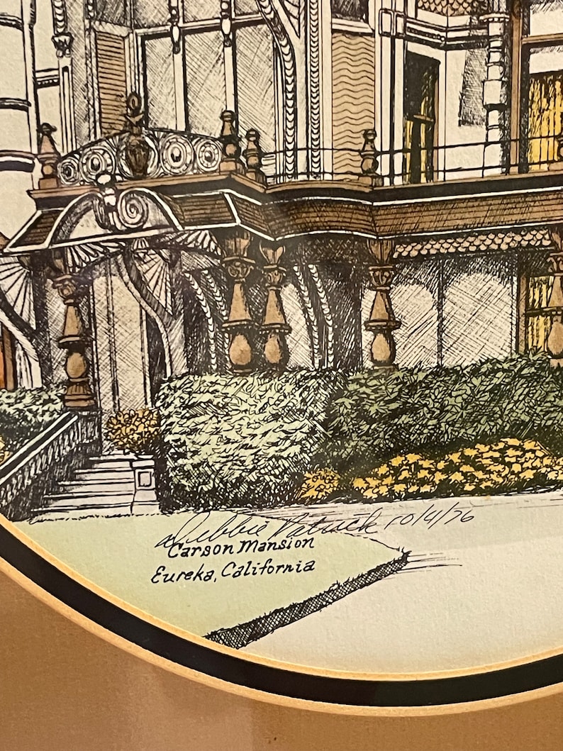 May include: A black and white drawing of the Carson Mansion in Eureka, California. The drawing is signed "Alice Patuck 10/4/76".