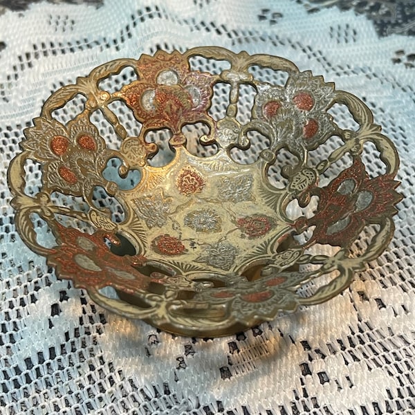 Vintage small enameled brass pedestal dish- 4 inch diameter at rim