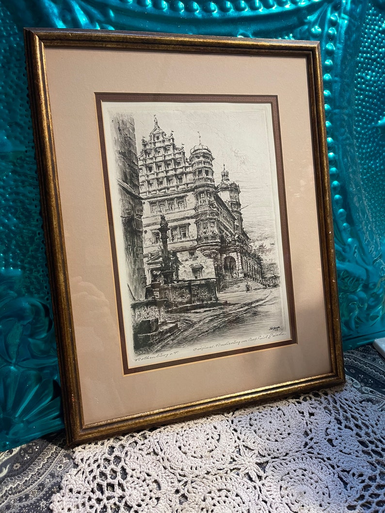Antique Vintage Original Etching in Gilded Frame Marked in Etsy