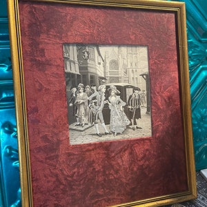 Antique or vintage woven silk picture in aged gilded frame - baroque style scene- couple