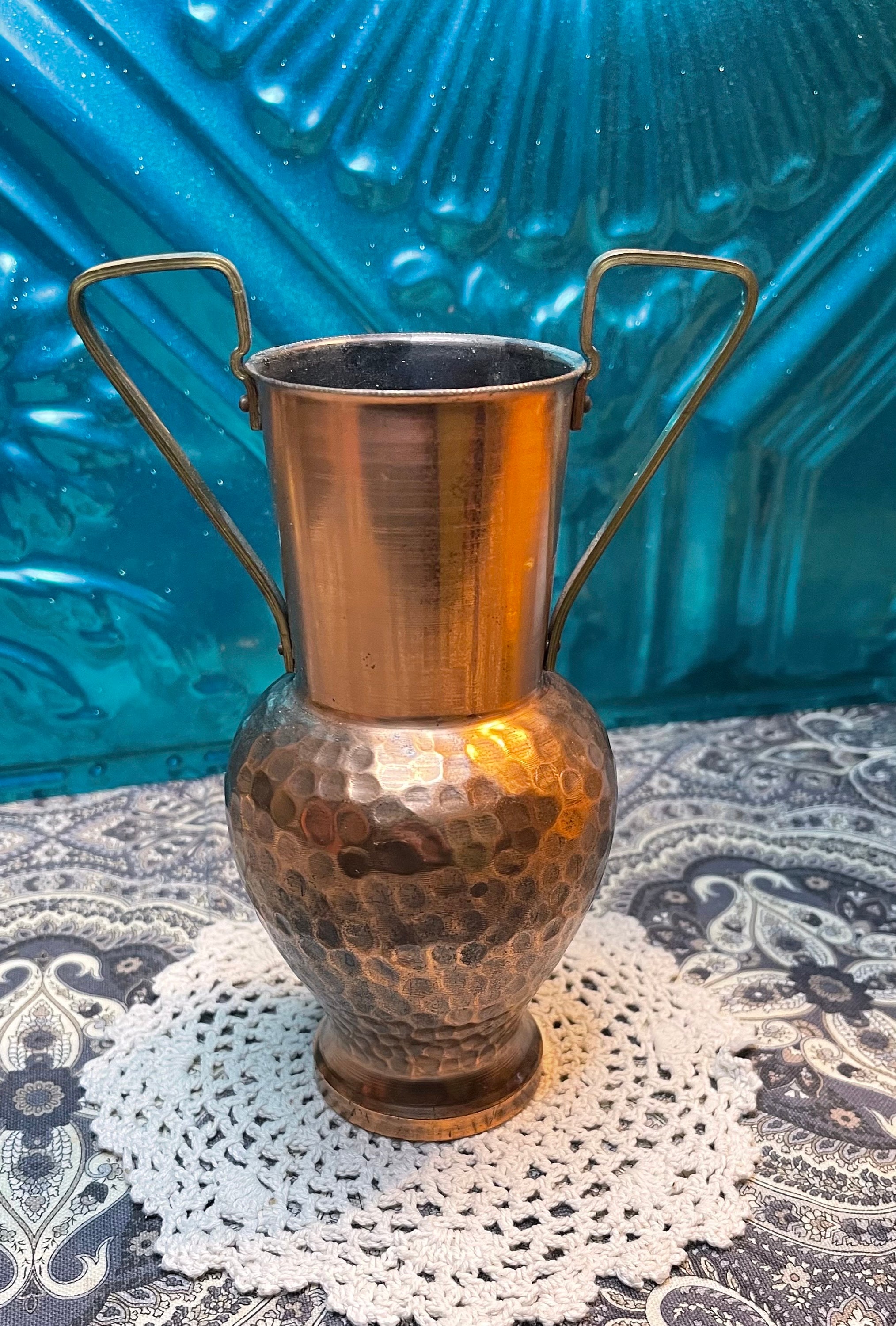 Vintage Small Hammered Copper Vase - Brass Handles- Made in Italy