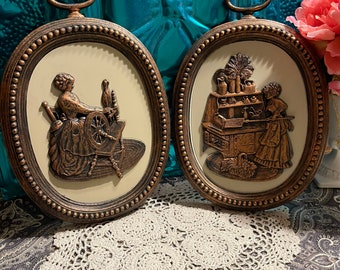 Vintage copper colored plastic wall plaque set of 2 - Victorian style