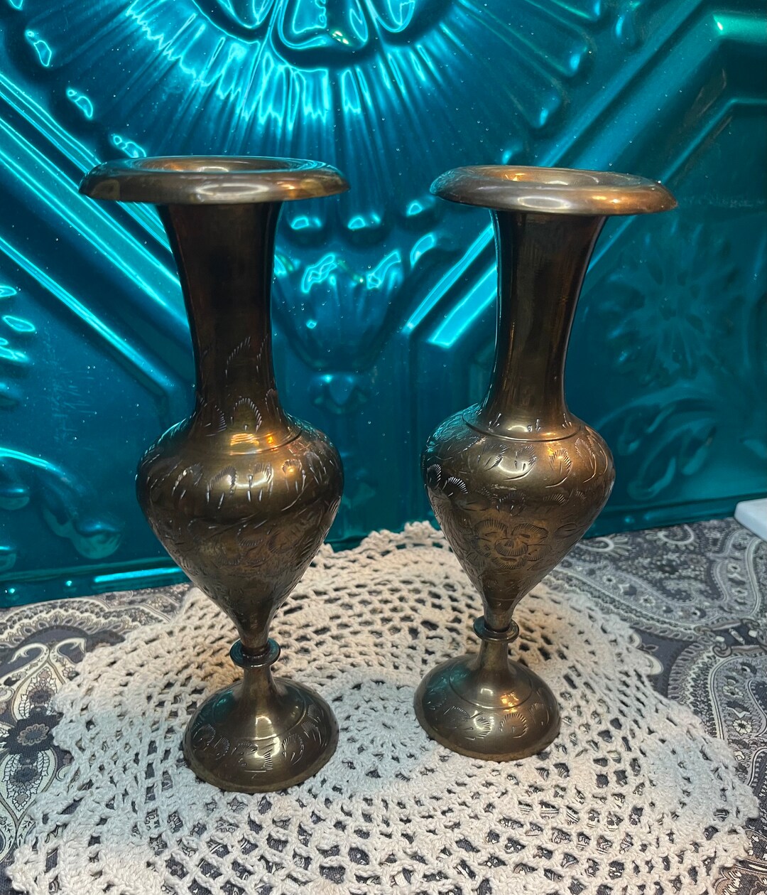 Vintage 8 Inch Etched Brass Vases Set of 2 - Different Designs - Etsy