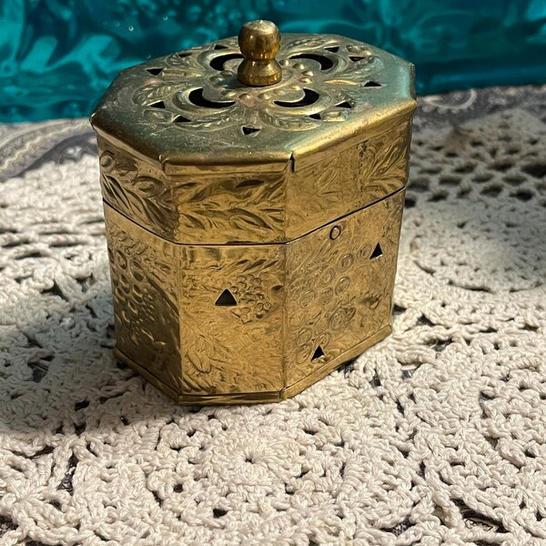 Vintage perforated uniquely shaped brass box - trinket box - keepsake box- potpourri box