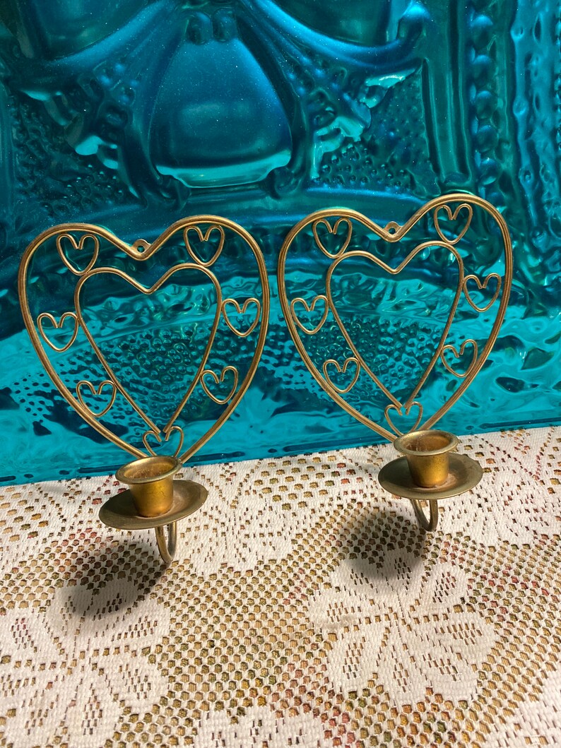 Vintage brass or brass colored heart shaped wall sconces set of 2