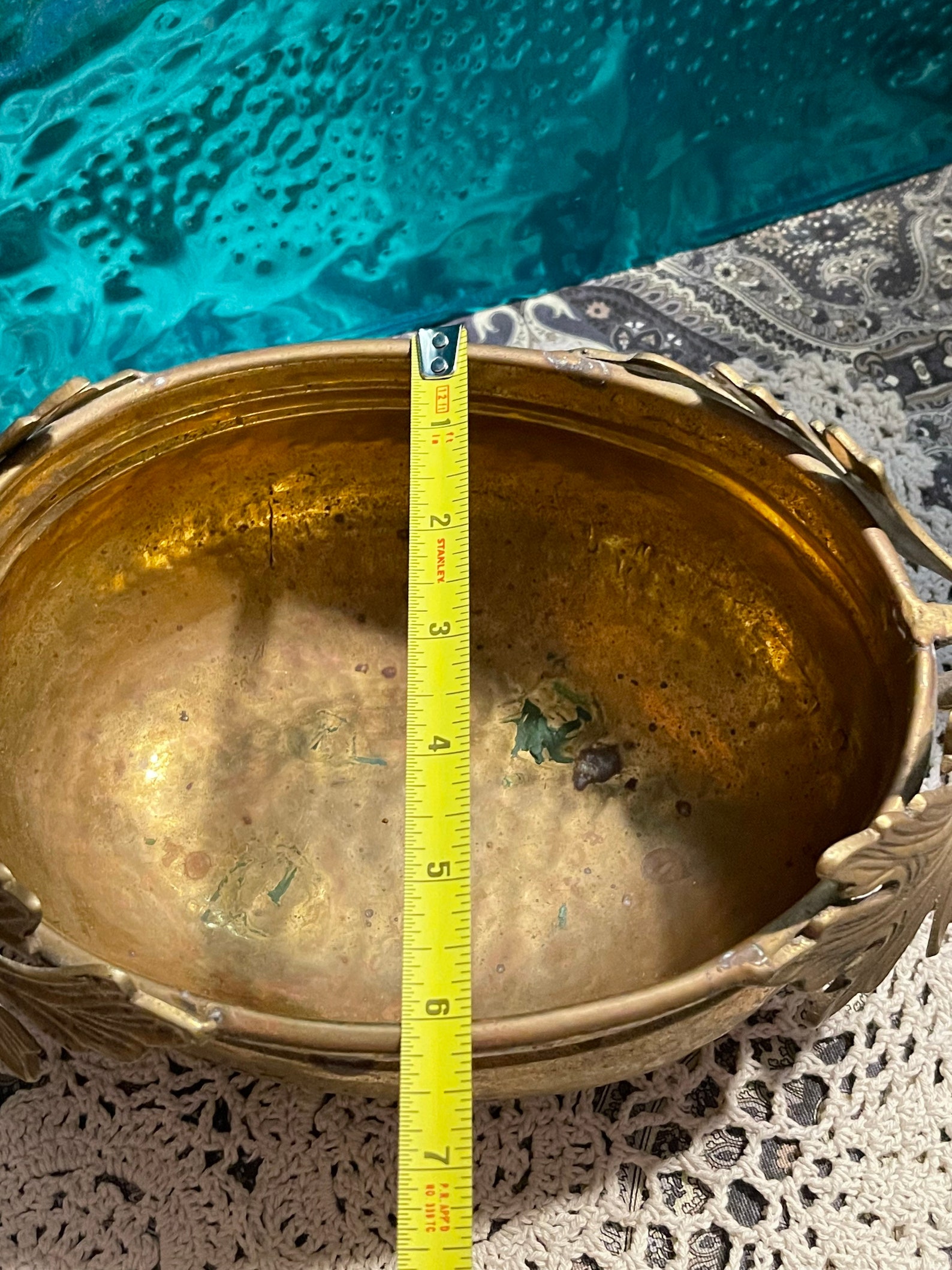 Vintage Hammered Brass Bowl Planter With Leaf Detail Aged Etsy