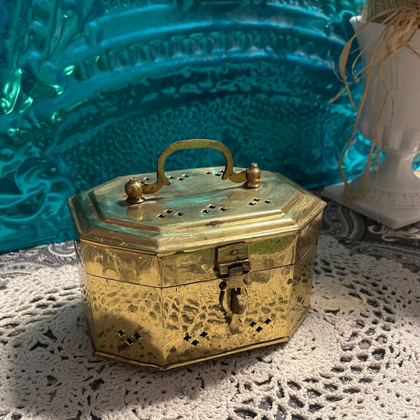 Vintage hinged lid perforated brass box - trinket box - keepsake box- potpourri box - incense box - aged